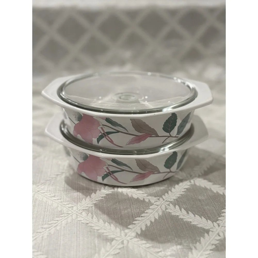 Vtg Mikasa Fire & Ice Silk Flowers Covered Casserole Dish 80's Glass Lid AA009